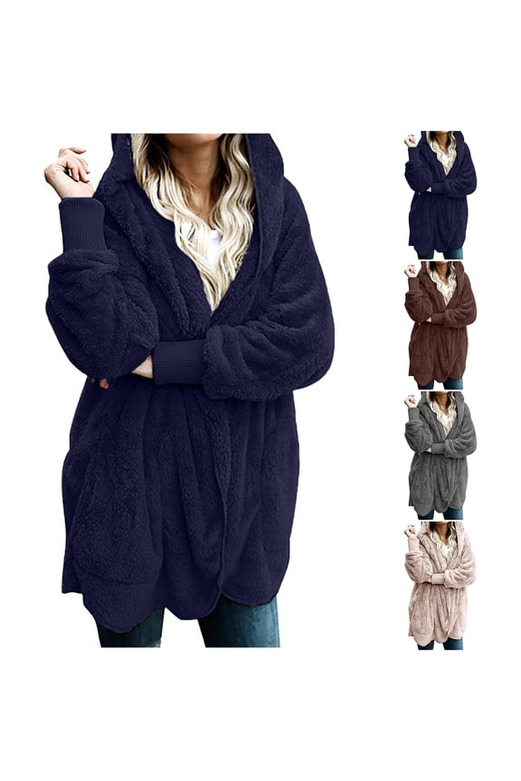 Women's Fuzzy Fleece Coats for Winter Plus Size Sherpa Hooded Cardigans Warm Casual Open Front Outerwear Comfy Soft Long Sleeve Jackets with Pockets