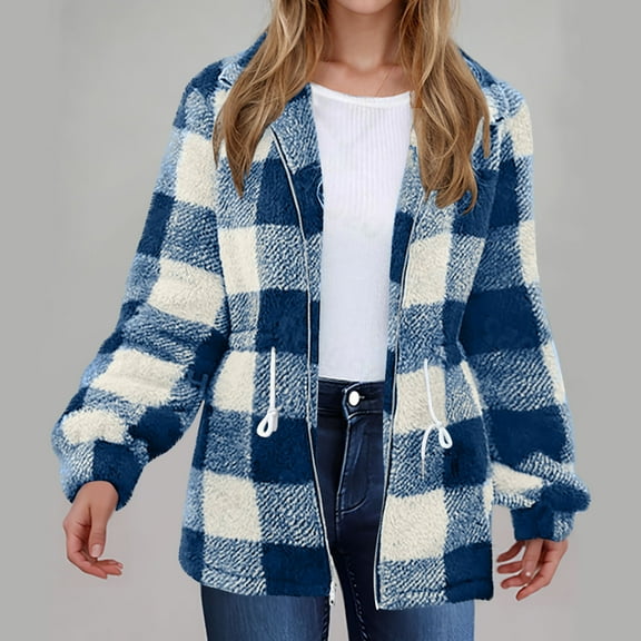 Aboser Women's Fuzzy Jackets Warm Fleece Outerwear Trendy Checked Coats Soft Plush Sherpa Jacket Drawstring Waisted Winter Coat Tops Loose Long Sleeve Jackets