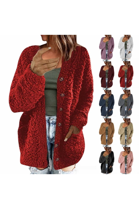 Women's Fuzzy Popcorn Cardigan Sweaters Plus Size Button Down Sweater Coats Thermal Long Sleeve Fleece Cardigans with Pockets Fall Winter Outfits