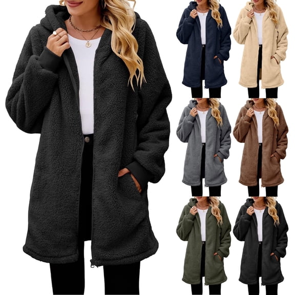 Aboser Women's Fuzzy Sherpa Jacket Zip Up Fleece Coats Thermal Casual Hooded Jackets Trendy Long Sleeve Outerwear Tops Loose Winter Coat with Pockets