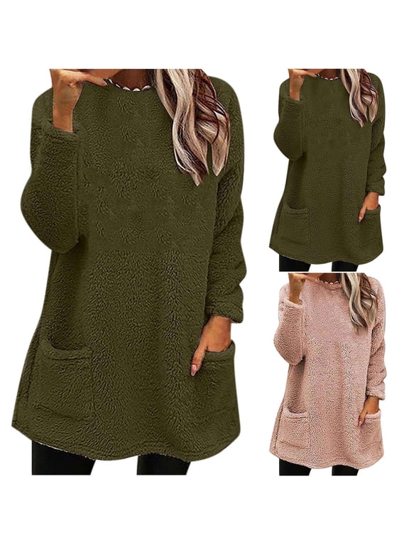 Women's Fuzzy Sherpa Sweatshirts with Pockets Warm Fleece Long Shirts Solid Color Crewneck Pullover Tops Fluffy Long Sleeve Loungewear S-3XL