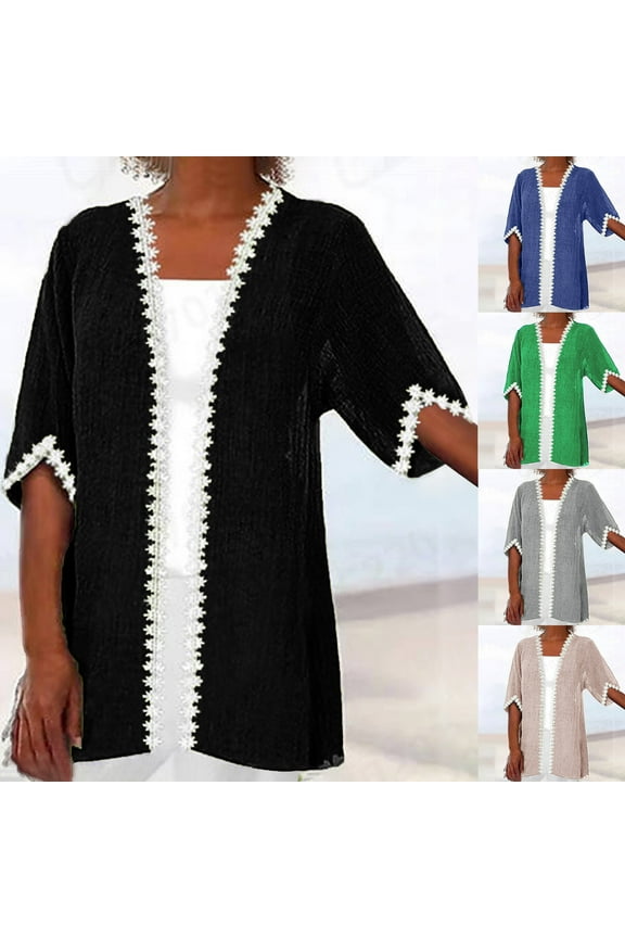 Women's Half Sleeve Beach Cover Up Lightweight Crochet Trim Cardigan Plus Size Summer Blouse Jacket Casual Solid Color Cardigans Blue XL