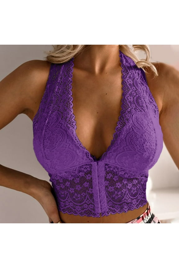 Women's Halter Lace Tank Tops See Through Bralette Deep V Neck Bras Hollow Out Sleeveless Camisoles Front Closure Crop Top