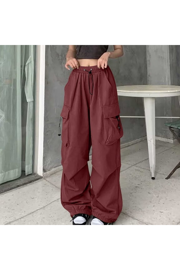 Women's High Waisted Cargo Pants Travel Y2K Parachute Pants Streetwear Baggy Wide Leg Pants with 6 Pockets Drawstring Ankle Cuffs Combat Military Trousers Wine L