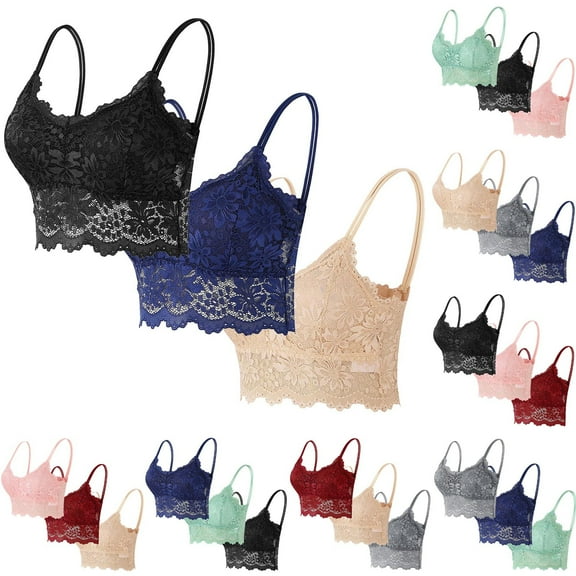 Aboser Women's Lace Longline Bralettes 3 Pack Push Up Wireless Bras Elegant Embroidered Camisole Bra Breathable No Underwire Cami Bralette