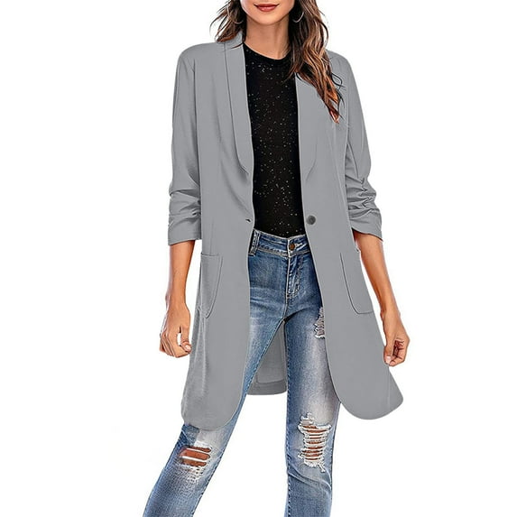 Aboser Women's Long Blazers Lightweight Button Long Sleeve Cardigan Solid Color Button Jacket Work Office Cardigans