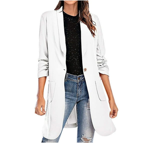 Aboser Women's Long Blazers Ruched 3/4 Sleeve Jacket Solid Color Lapel Cardigan Button Office Work Blazer Plus Size Pocketed Woolen Coat