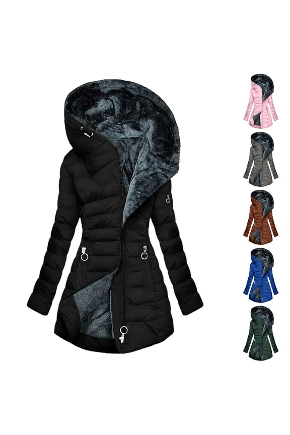 Women's Long Puffer Jackets Sherpa Fleece Lined Quilted Jacket Plus Size Zip Up Outerwear Thermal Winter Bubble Coats Casual Long Sleeve Coat with Hood