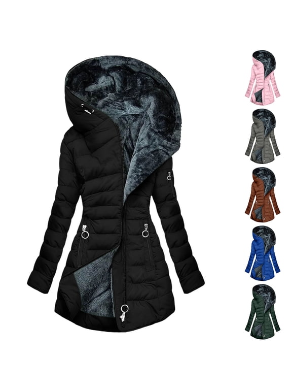 Women's Long Puffer Jackets Sherpa Fleece Lined Quilted Jacket Plus Size Zip Up Outerwear Thermal Winter Bubble Coats Casual Long Sleeve Coat with Hood