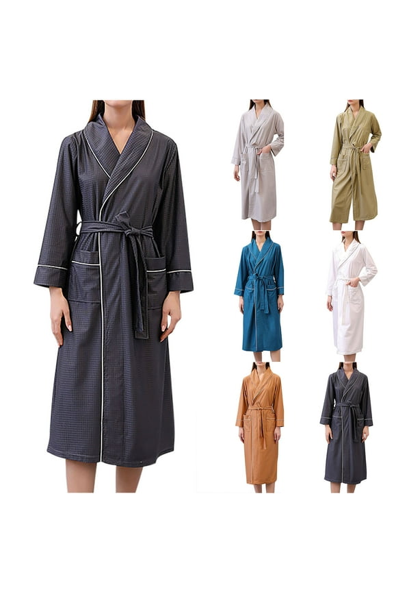 Women's Long Robes Plus Size Waffle Knit Bathrobes Soft Shawl Collar Towel Robe Quick Dry Moisture Wicking Loungewear Loose Long Sleeve Bathrobe with Pockets Blue XXXL