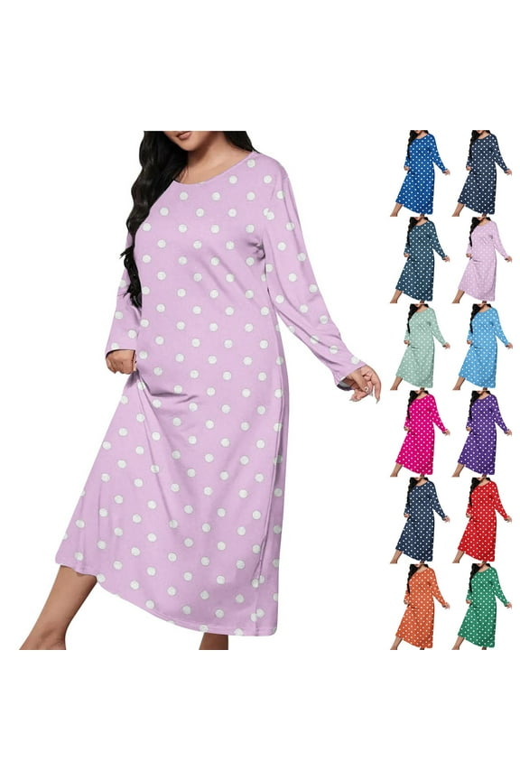 Women's Long Sleeve Nightgown Plus Size Soft Sleep Shirts Fashion Polka Dot Print Pajama Dress Comfy Round Neck Loungewear Casual Full Length House Dresses