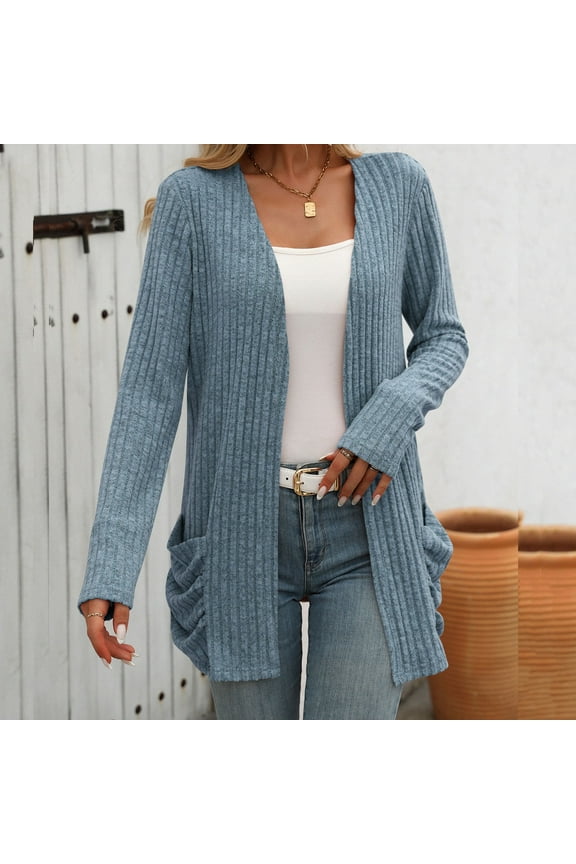 Women's Long Sleeve Open Front Cardigan Sweaters Ribbed Knit Sweater Coats Lightweight Button Down Cardigans Dressy Casual Long Outerwear with Pockets