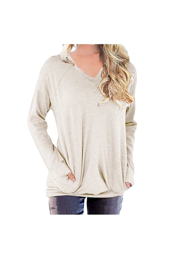 Women's Loose Fitting Tunic Tops Basic Solid Color Tshirt Casual Pocket Long Sleeve Blouses Comfy V Neck Athletic Shirts