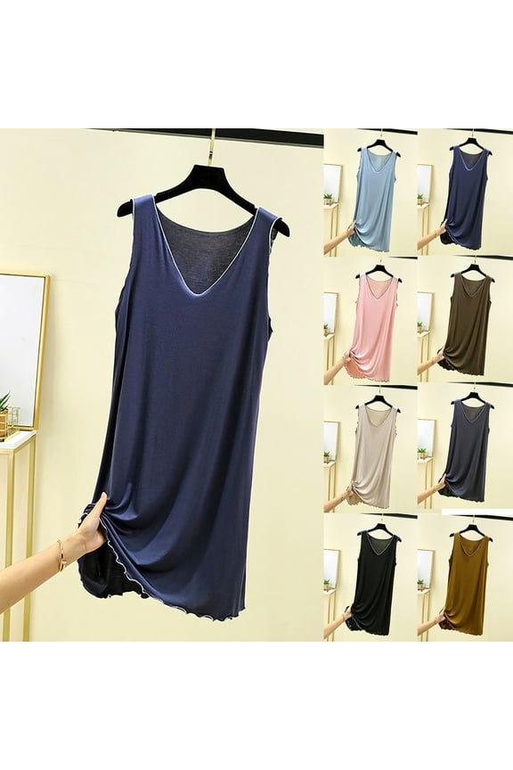 Women's Loose V Neck Nightgowns Comfy Sleeveless Tank Nightshirt Stretchy Modal Sleepwear Casual Loose Fit Lounge Nightdress