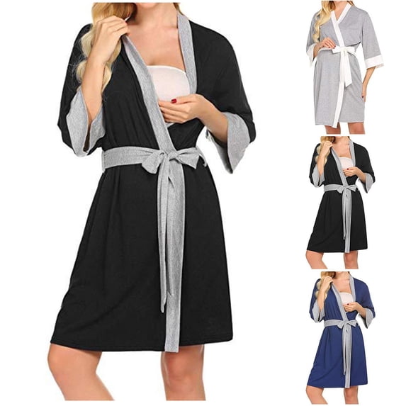 Aboser Women's Maternity Nursing Robe Pregnancy Cotton Bathrobes Knee Length Lightweight Robes Soft Comfy Short Kimono Bathrobe Gray XL