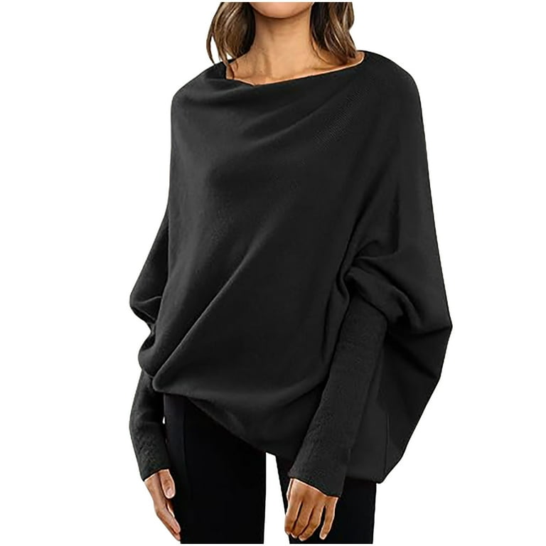 Aboser Women s Mock Neck Fall Sweater Long Batwing Sleeve Jumper Top Casual Oversized Knit Pullover Cozy Loose Fit Knitted Sweaters Size XL Black