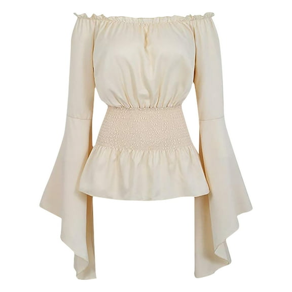 Aboser Women's Off Shoulder Blouse Tops Flare Long Sleeve Shirts Ruffle Trim Corset Top Vintage Boho Shirt Blouses Renaissance Costumes