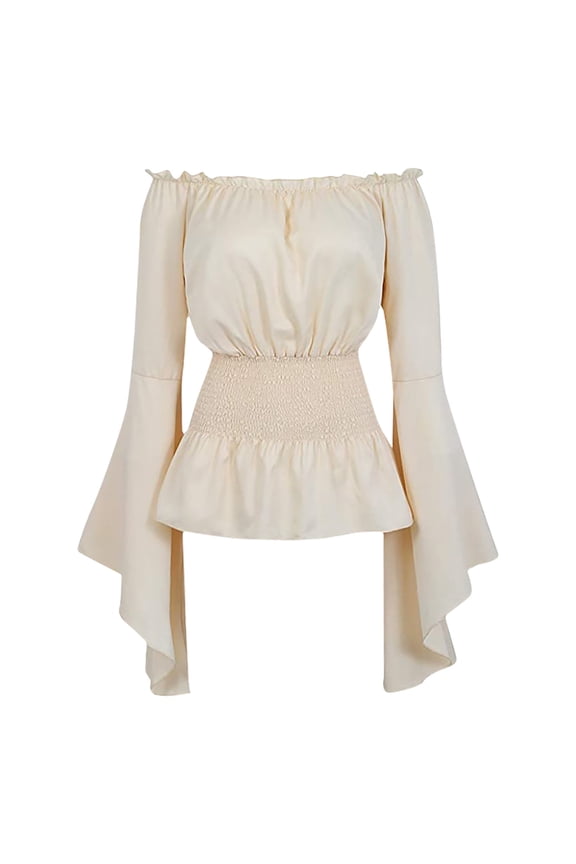 Women's Off Shoulder Blouse Tops Flare Long Sleeve Shirts Ruffle Trim Corset Top Vintage Boho Shirt Blouses Renaissance Costumes
