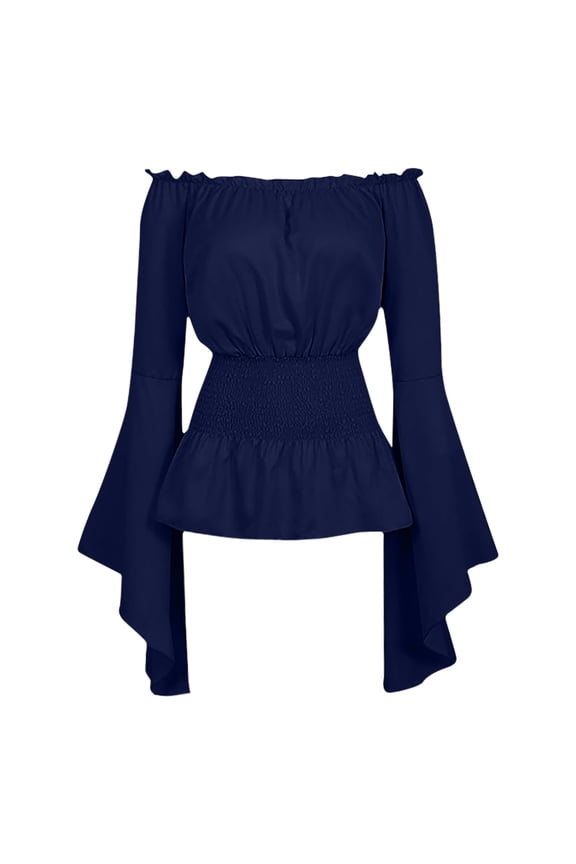 Women's Off Shoulder Blouse Tops Flare Long Sleeve Shirts Ruffle Trim Corset Top Vintage Boho Shirt Blouses Renaissance Costumes