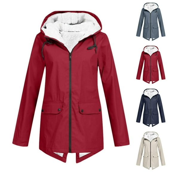 Aboser Women's Outdoor Waterproof Rain Jacket with Hood Winter Warm Sherpa Lined Windbreaker Plus Size Zip Up Raincoats Windproof Fleece Rain Jackets with Pockets
