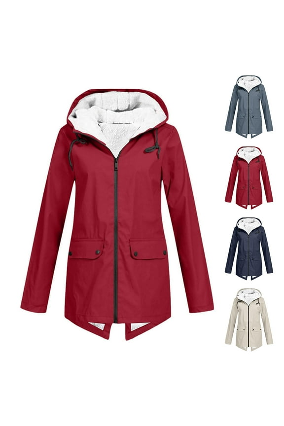 Women's Outdoor Waterproof Rain Jacket with Hood Winter Warm Sherpa Lined Windbreaker Plus Size Zip Up Raincoats Windproof Fleece Rain Jackets with Pockets