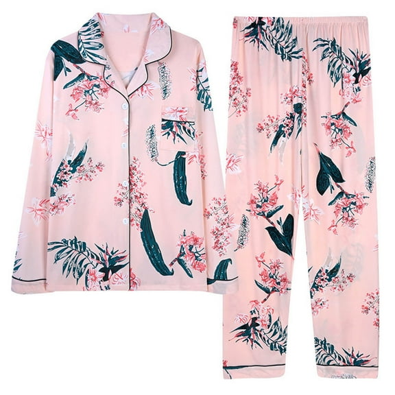 Aboser Women's Pajama Sets Natural Print Two Piece Outfits Button Down Loungewear Set Casual Long Sleeve Pajamas Set with Pocket