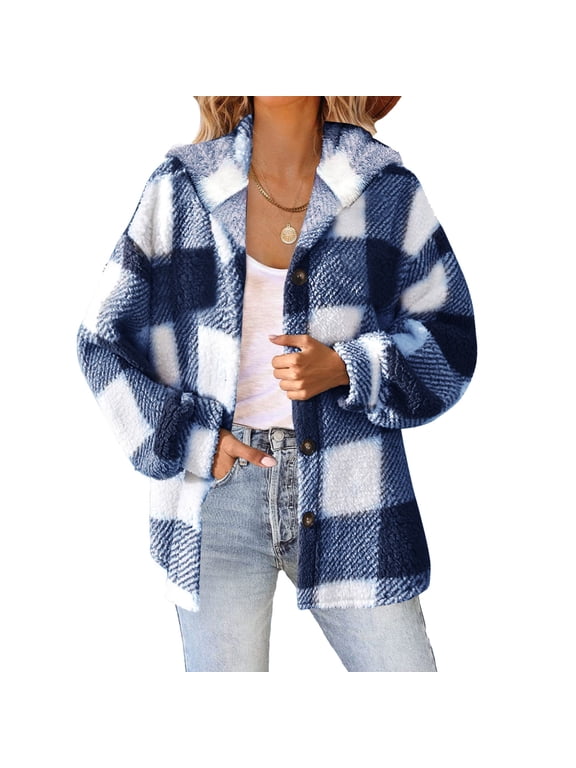 Women's Plaid Shacket Winter Fleece Jacket Coat Watm Button Down Hoodie Fuzzy Sherpa Shackets Outwear with Pockets