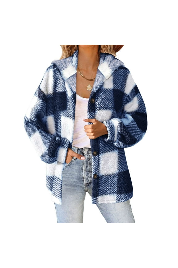 Women's Plaid Shacket Winter Fleece Jacket Coat Watm Button Down Hoodie Fuzzy Sherpa Shackets Outwear with Pockets