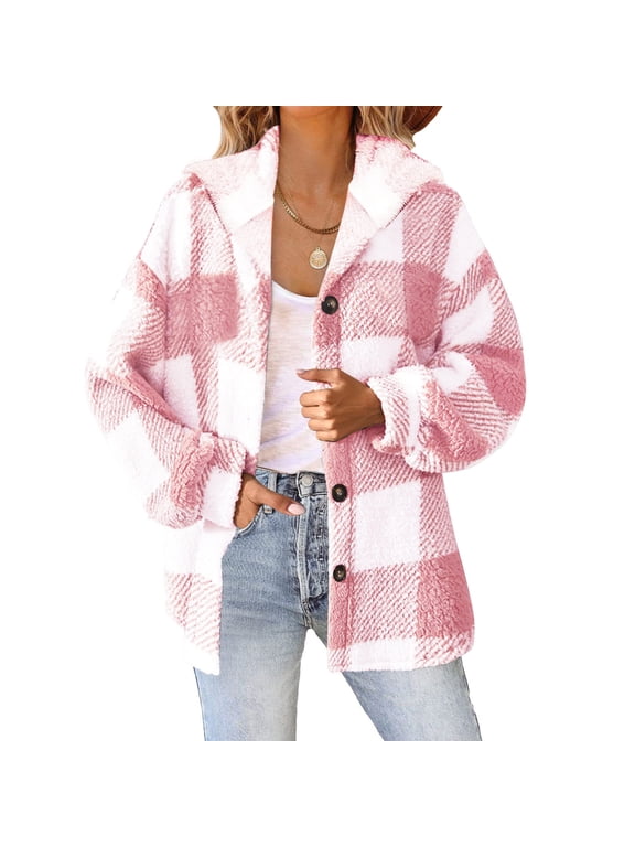 Women's Plaid Shacket Winter Fleece Jacket Coat Watm Button Down Hoodie Fuzzy Sherpa Shackets Outwear with Pockets