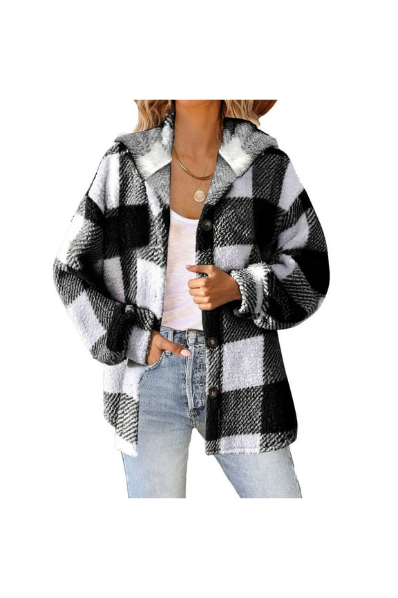 Women's Plaid Shacket Winter Fleece Jacket Coat Watm Button Down Hoodie Fuzzy Sherpa Shackets Outwear with Pockets