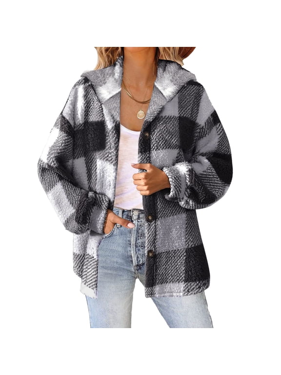 Women's Plaid Shacket Winter Fleece Jacket Coat Watm Button Down Hoodie Fuzzy Sherpa Shackets Outwear with Pockets