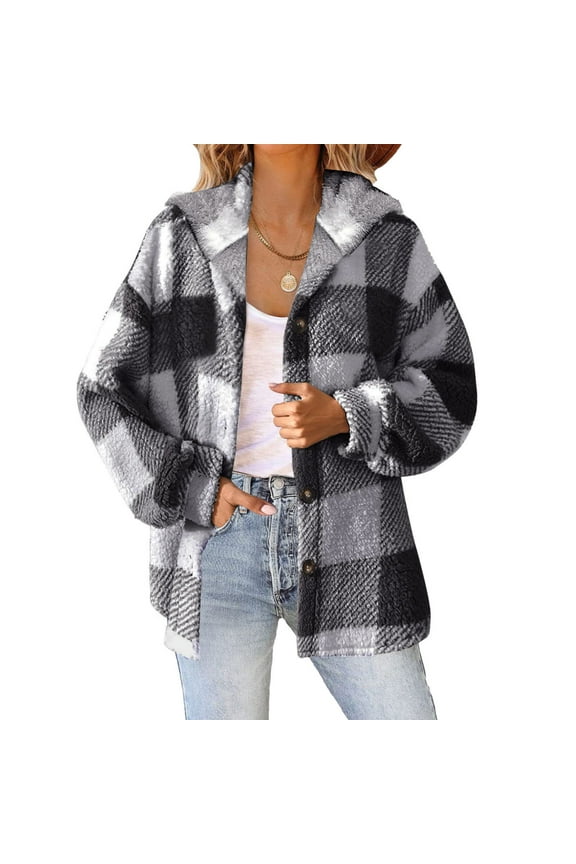 Women's Plaid Shacket Winter Fleece Jacket Coat Watm Button Down Hoodie Fuzzy Sherpa Shackets Outwear with Pockets