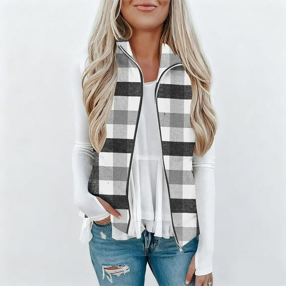 Aboser Women's Plaid Vests Fluffy Fleece Sherpa Jackets Winter Full Zipper Vest Trendy Checked Jacket Lapel Collar Sleeveless Outerwear with Pockets
