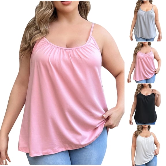 Aboser Women's Plus Size Cami Tank Top with Built in Bra Loose Fit Spaghetti Stap Camisole Summer Casual Basic Shirts Comfy Sleeveless Tanks Thin Scoop Neck Tee Shirt
