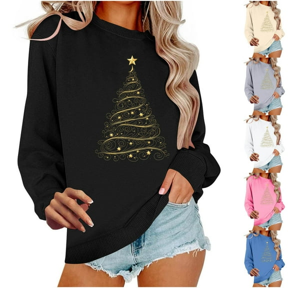 Aboser Women's Plus Size Christmas Sweatshirt Trendy Xmas Tree Graphic Blouses Long Sleeve Crew Neck Holiday Tops Cozy Soft Fleece Pullover Party Shirt Black L