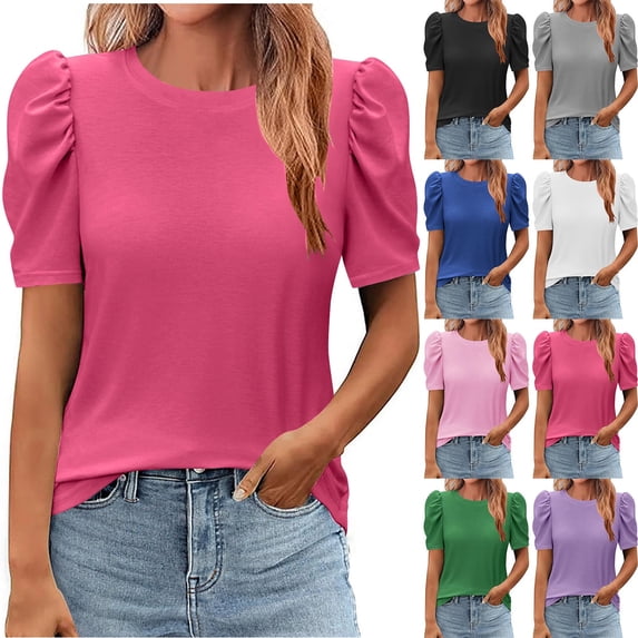 Aboser Women's Puff Short Sleeve Blouses Trendy Round Neck T Shirts Solid Color Casual Blouse Loose Fit Streetwear Going Out Tops 2026 Pink S