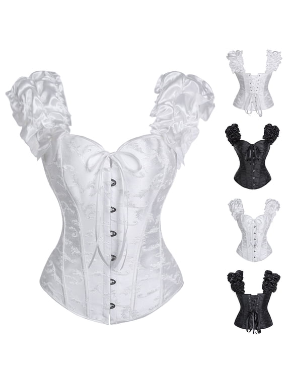 Women's Renaissance Victorian Corset Tops Boned Lace Up Bodice Bustier Elegant Puff Sleeve Shapewear Bride Wedding Party Waist Cincher