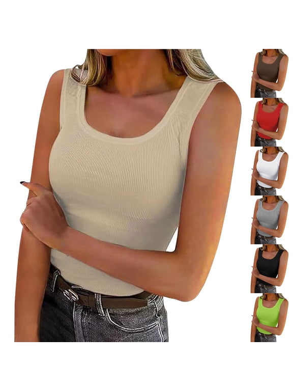 Women's Ribbed Knit Tank Tops Fitted U Neck Cami Shirts Slimming Sleeveless Basic Tees Solid Color Layering Shirt Going Out Clothes