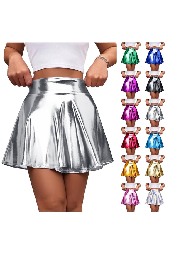 Women's Shiny Metallic Skirts Trendy A Line Skater Skirt High Waisted Flared Pleated Skirts Summer Casual Mini Skirt for Party Club