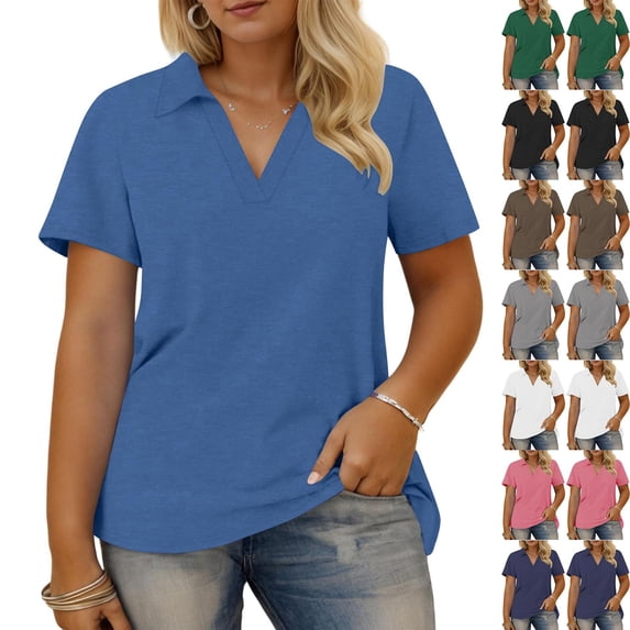 Aboser Women's Short Sleeve Golf Shirts Plus Size Summer Tops Dressy Casual V Neck T Shirt Loose Fit Collared Blouses Solid Color Basic Tees White XXXXL