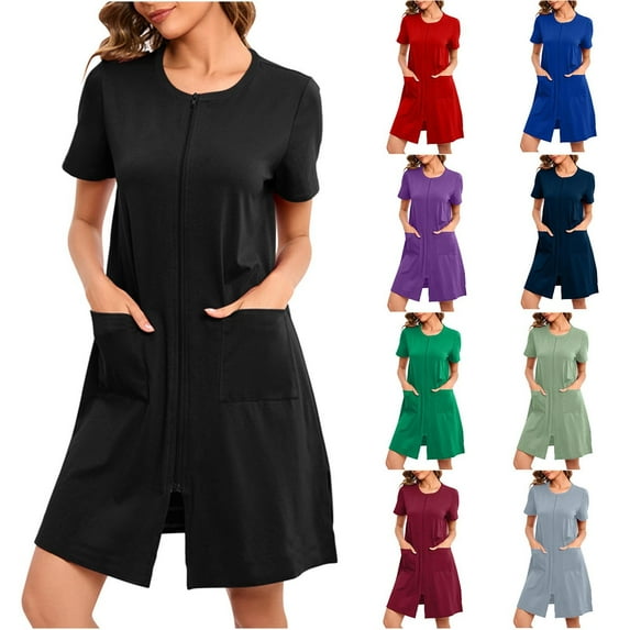 Aboser Women's Short Sleeve Robes with Pockets Casual Zip Up Short Nightgowns Solid Color Lounge Sleepwear Loose Fit Bathrobes Lightweight Soft Sleep Dress Army Green XL