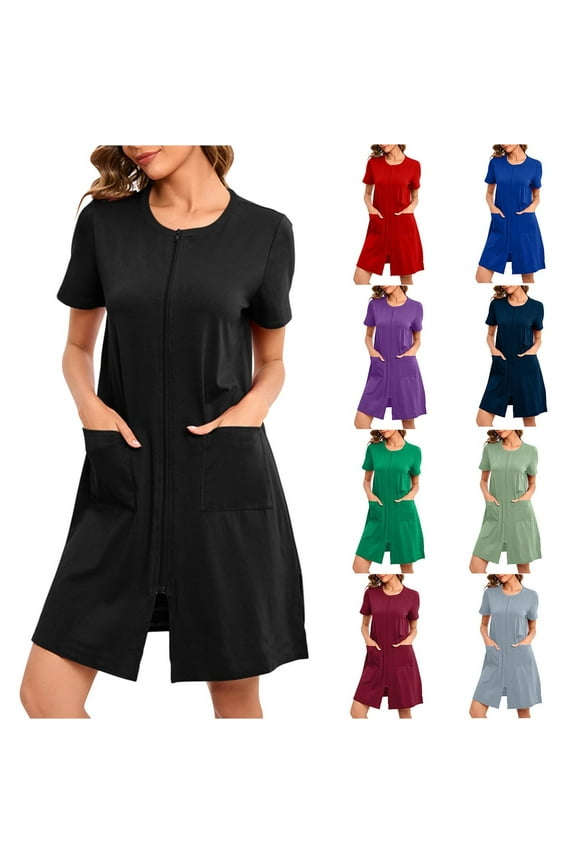 Women's Short Sleeve Robes with Pockets Casual Zip Up Short Nightgowns Solid Color Lounge Sleepwear Loose Fit Bathrobes Lightweight Soft Sleep Dress Blue L