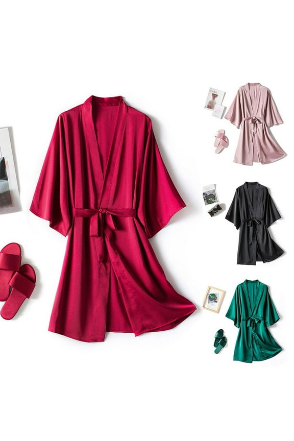 Women's Silky Satin Robes Plus Size Belted Nightgowns Loose Half Sleeve Kimono Robe Cozy Soft Midi Bathrobes Casual Soft Sleepwear Black XXL