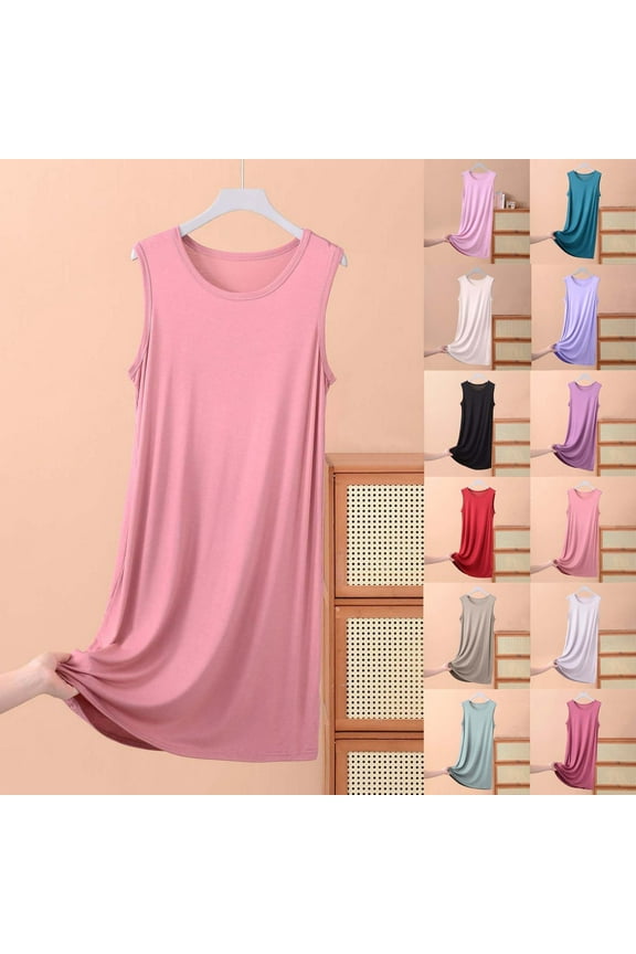 Women's Soft Modal Tank Nightgown Plus Size Sleeveless Nightshirt Casual Crew Neck Sleep Dress Lightweight Midi Length Sleepwear Solid Color Pajama Dresses