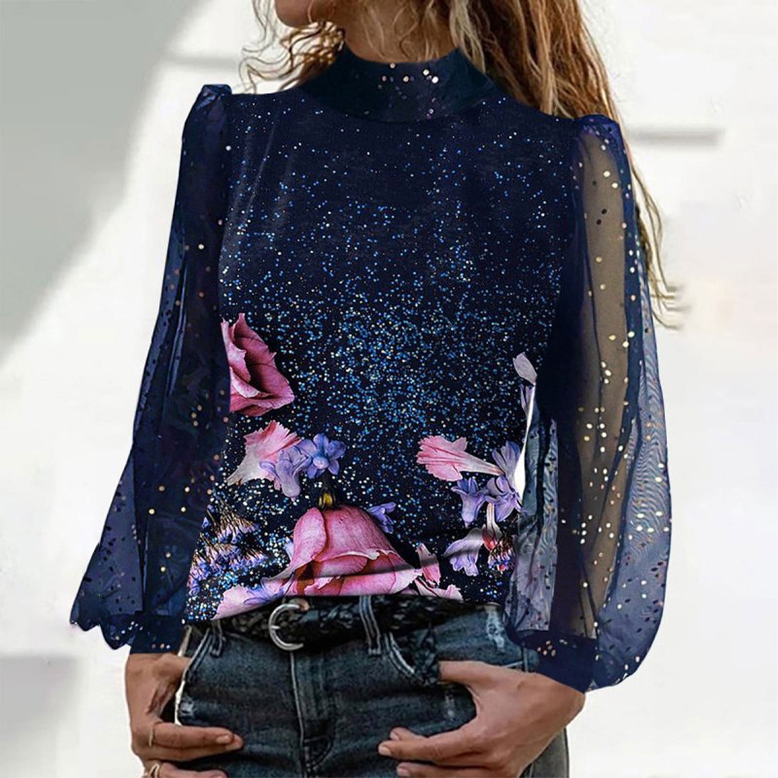 Aboser Women's Sparkly Glitter Blouse Shiny Floral Shimmer Shirt Sheer
