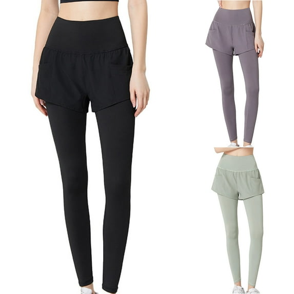 Aboser Women's Sports Yoga Leggings Plus Size High Waist Splicing Pants with Shorts Workout Gym Athletic Tights Tummy Control Attached 2 in 1 Trousers