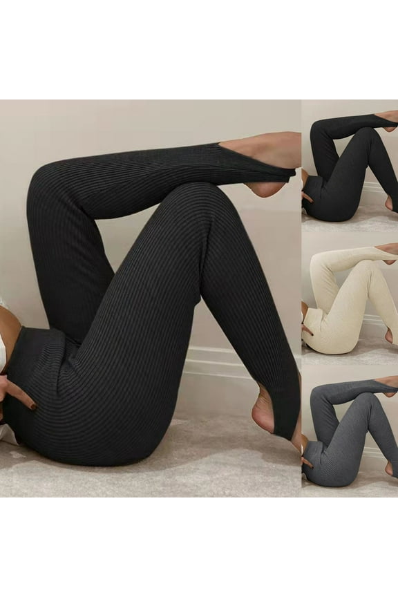 Women's Stirrup Leggings Gym Yoga Workout Pants Cozy Ribbed Knit Leggings High Waist Tummy Control Tights Over the Heel Foot Straps Running Pants