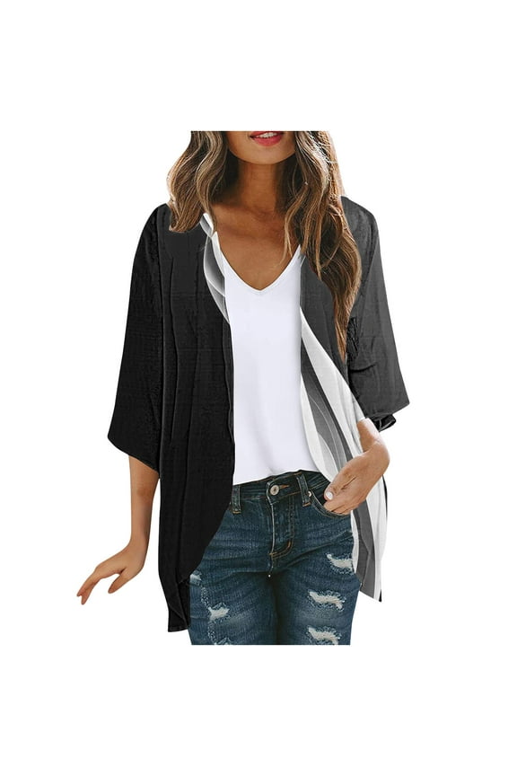 Women's Striped Print Kimono Cardigan Open Front Long Cover Ups Lightweight Chiffon Sheer Cardigans Loose 3/4 Length Sleeve Cardigan Tops Multicolor L