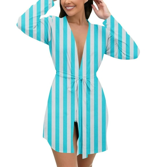 Aboser Women's Striped Robes Plus Size Long Sleeve Bathrobes Comfy Moisture Wicking Loungewear Loose Fit Short Towel Robe Soft Casual House Wear Sky Blue XXL