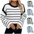 thumbnail image 1 of Aboser Women's Striped Sweaters Trendy Knit Pullover Tops Loose Drop Shoulder Tunic Sweater Cozy Round Neck Jumpers Casual Soft Long Sleeve Knitwear Light Blue M, 1 of 5